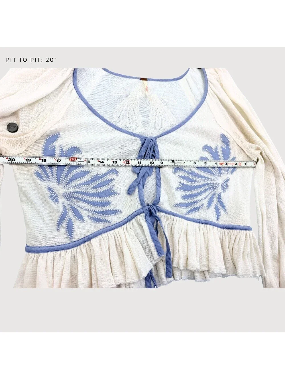 Free People Lookout Tie Front Embroidered Top Ivory Blue L